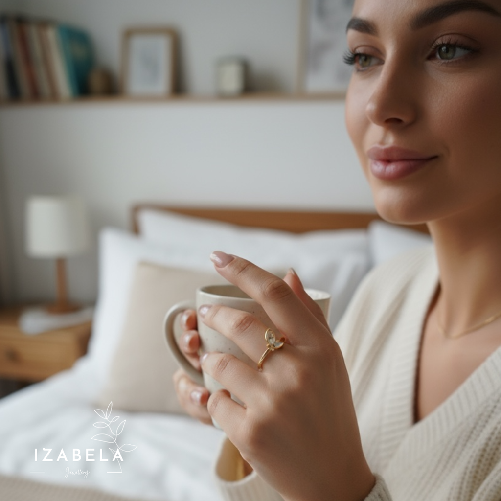 Woman holding a mug in a cozy bedroom setting with 'IZABELA' branding.