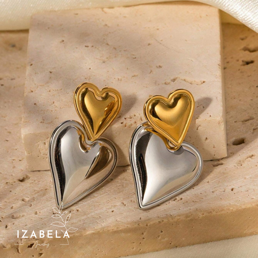 Two Tone Drop Down Heart Earrings